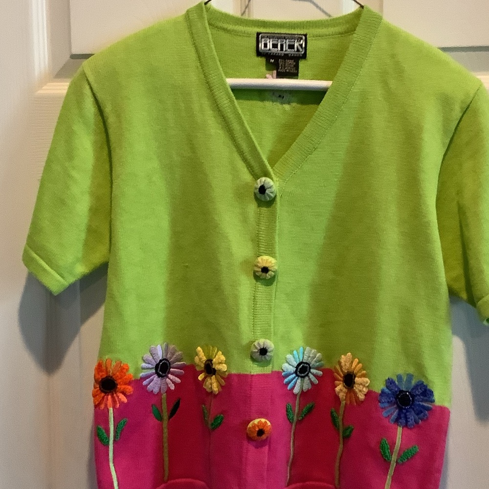 BCBG Bright Lime Green Knit‎ Cardigan with Pink Embroidered Detail